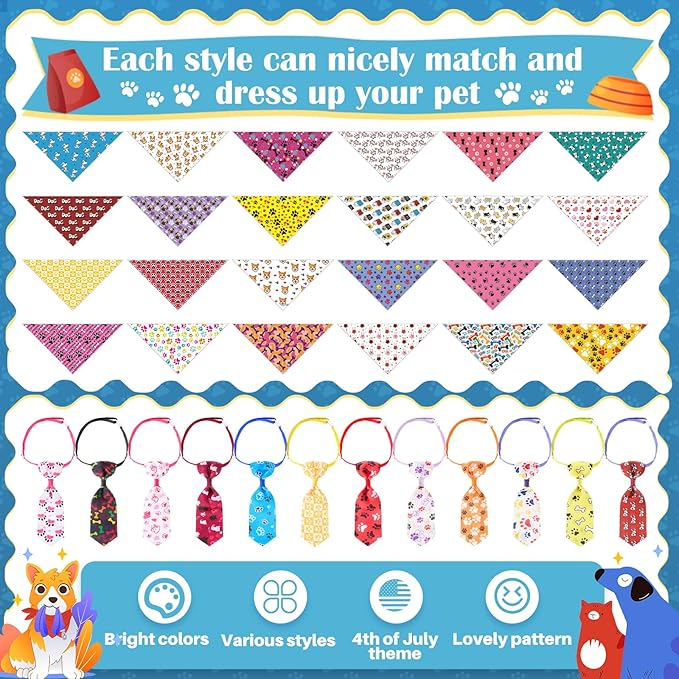 72 Pcs Dog Bandanas Tie Set Cute Bulks Pet Scarves with Paw Cat Pattern Adjustable Cute Dog Triangle Scarfs Neck Ties for Holiday Birthday Accessories