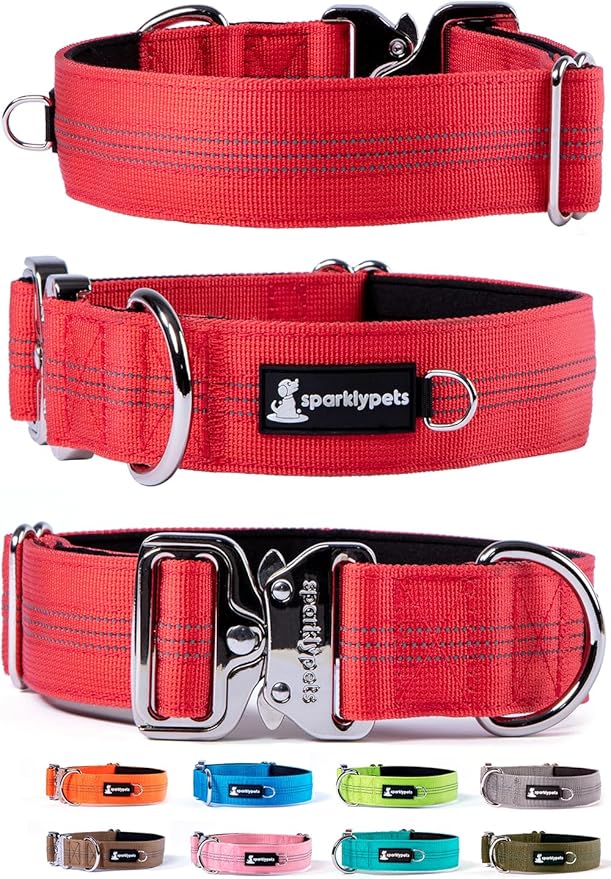 SparklyPets Heavy Duty Wide Dog Collar with Quick Release Chrome Buckle – Thick Tactical Dog Collar with Reflective Stripes & Soft Lining – for Large & Medium Breeds