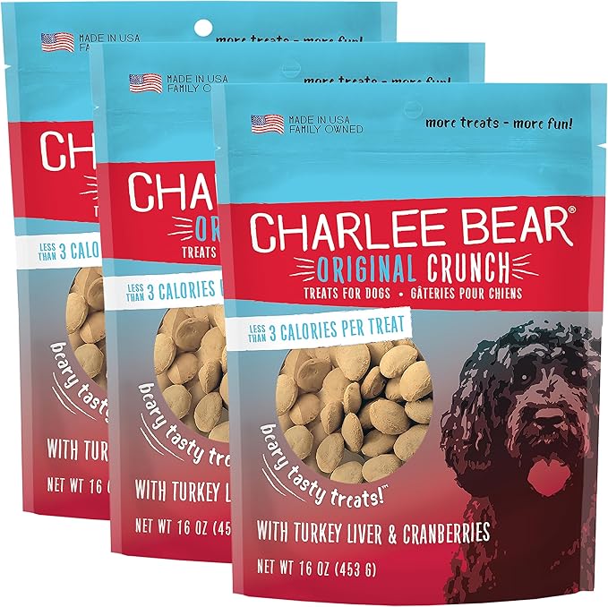 Charlee Bear Original Crunch Turkey Liver & Cranberries Dog Treats, 16 oz (3-Pack) - Made in the USA Natural Training Treats for Dogs