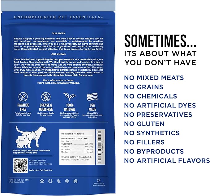 Natural Rapport Beef Tendon Dog Treats - The Only Beef Tendon Chews Dogs Need- All Natural Dog Treats for Small and Large Dogs (5 Chews)