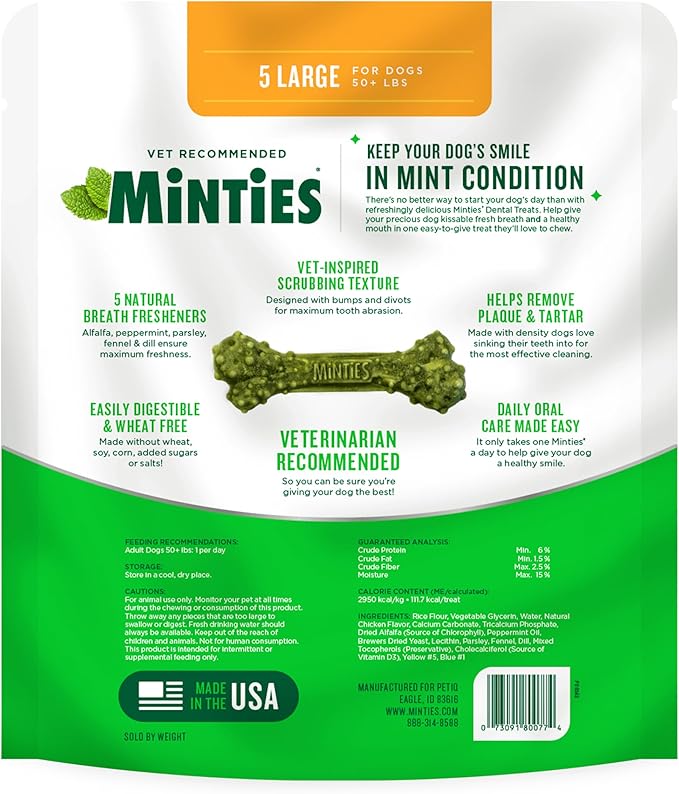 Minties Dental Chews for Dogs, 5 Count, Vet-Recommended Mint-Flavored Treats for Large Dogs Over 50 lbs, Dental Bones Clean Teeth, Fight Bad Breath, and Removes Plaque and Tartar