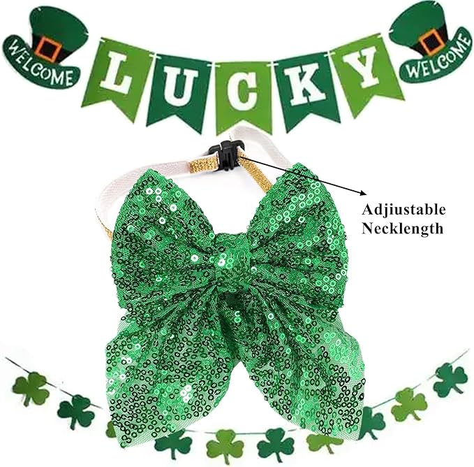 Dog St. Patrick's Day Costume, St Patricks Day Pet Outfit Green Shamrock Hat Bow Tie Collar for Small Medium Large Dogs (Green Buckle)
