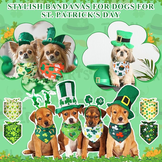 Amylove 120 Pcs Dog Bandanas Bulk Holiday Triangle Dog Pack Puppy Kerchief Bandana Adjustable Pet Scarf for Pet Cat Costume Accessories Decor Summer(Shamrock)