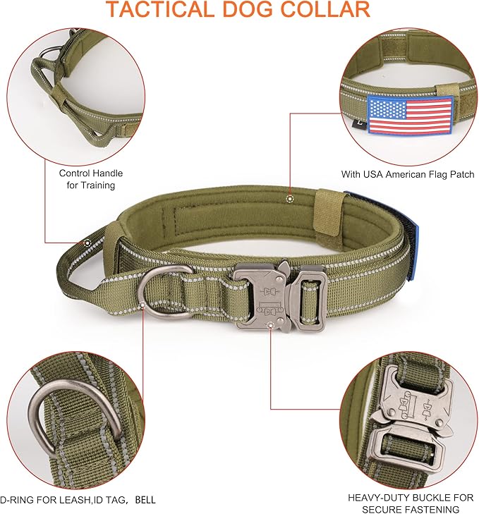 KCUCOP Tactical Dog Collar, Heavy Duty Dog Collar with Handle and Metal Buckle, Military Thick Dog Collars for Medium and Large Dogs(Green-Reflective Set-XL, 1 Patch)