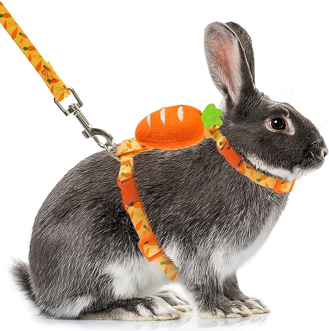 Rabbit Harness and Leash - Adjustable Bunny Harness Escape Proof for Walking Running Hiking Camping Outdoor - Yellow Carrot Pattern Cute Small Animal Harness Leash Set