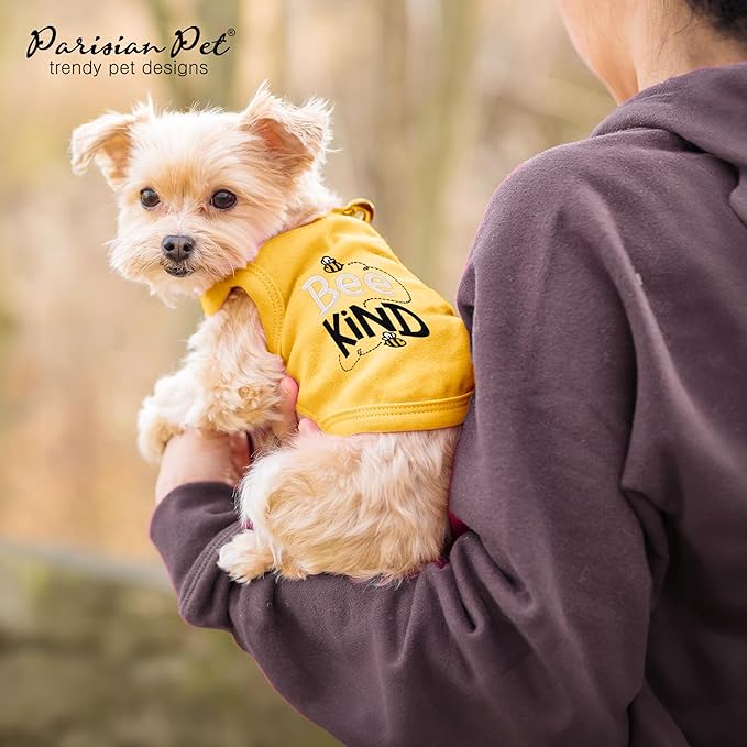 Parisian Pet Dog Tshirt - Embroidered “Bee Kind“ Dogs Clothes - Lightweight Dog Tank Top - 100% Cotton, Sleeveless Doggy Tee Shirts - Machine Washable Shirts for Small Dogs - XS