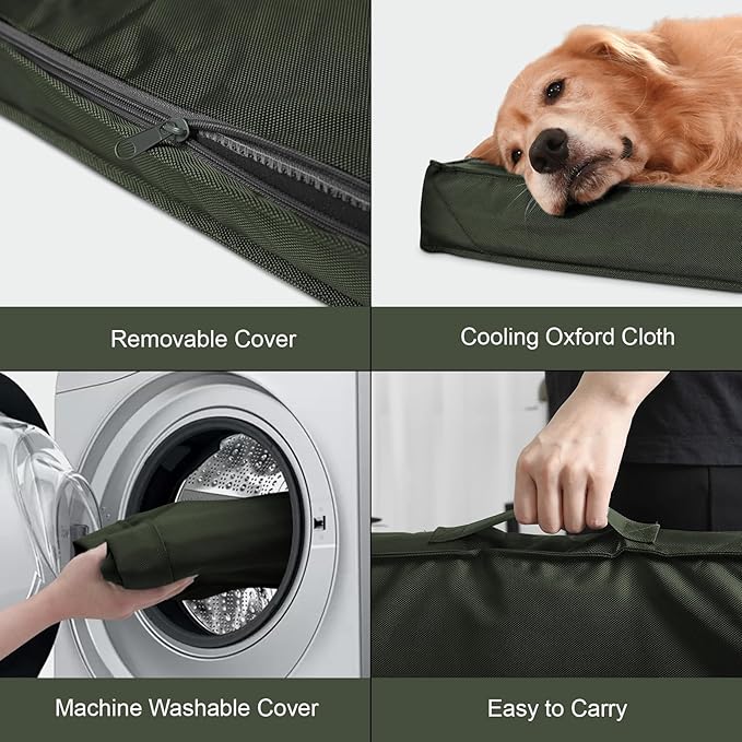 Outdoor All Weather Dog Crate Bed, Waterproof Dog Bed for Medium Dogs, Orthopedic Egg Foam Pet Bed with Removable Cooling Cover, Dark Green