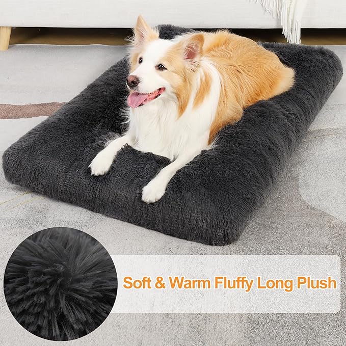KSIIA Dog Crate Bed Washable Dog Beds for Extra Large Dogs Deluxe Plush Fluffy Comfy Thick Kennel Pad Anti-Slip & Anti-Scratch Pet Sleeping Mat, 41 x 27 Inch, Dark Gray