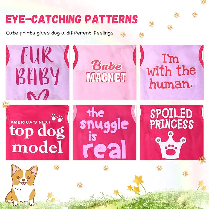 Jexine 6 Pack Chihuahua Dog T Shirt Girl Dog Puppy Clothes Breathable Outfit Pet Costume Summer Cat Clothes Dachshund Puppy Accessories Printed Shirts(Large)