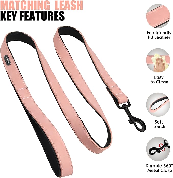 Didog Soft Padded Leather Dog Collar and Leash Set, Heavy Duty Pink and Breathable Pet Collars with 4FT Leather Dog Leash for Small Medium Large Dogs, Pink, L