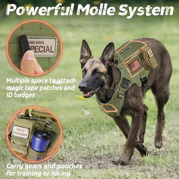 rabbitgoo Tactical Dog Harness for Large, Heavy Duty Pet Harness with Handle, No-Pull Service Vest Large Breed, Adjustable Military Dog Vest for Training Hunting Walking, Green, L