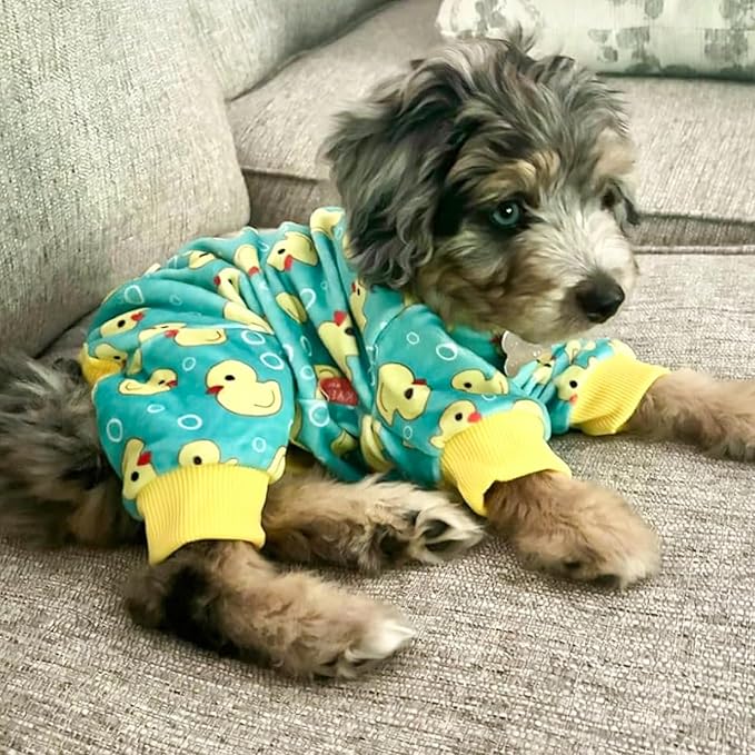 KYEESE Dog Pajamas Velvet Dog Pajamas Small Sized Dogs Soft Dogs Clothes Pet Coat Stretchy Doggie Pjs Pet Costume with Yellow Ducks Pattern Comfy Doggie Jammies Onesie, Medium
