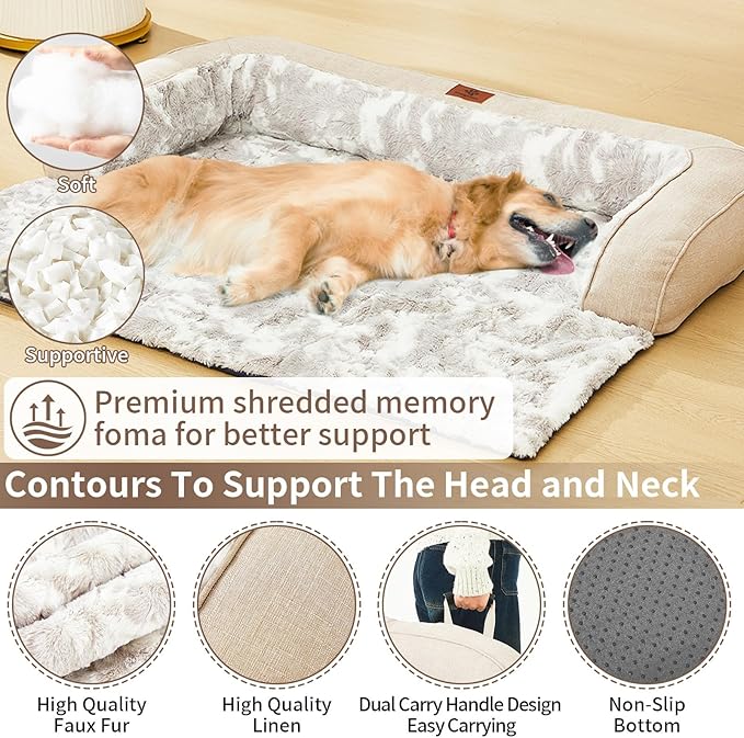 Calming Dog Couch Bed Mat, 53x39 Inch Waterproof Fluffy Sofa Cover, Furniture Protector with Handle, Removable and Washable Pet Bed for Large Dogs and Cats (Beige)