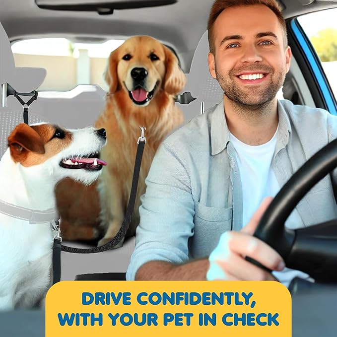 SunGrow Dog Seatbelt & Leash, Universal Vehicle Seatbelt Harness for Car Headrest, Pet Travel Essential, Adjustable Lead, Black Nylon, 19”-31” & 14-19” x 17-30”, 2 Pcs. Per Pack