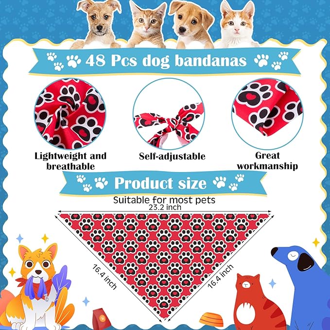 72 Pcs Dog Bandanas Tie Set Cute Bulks Pet Scarves with Paw Cat Pattern Adjustable Cute Dog Triangle Scarfs Neck Ties for Holiday Birthday Accessories