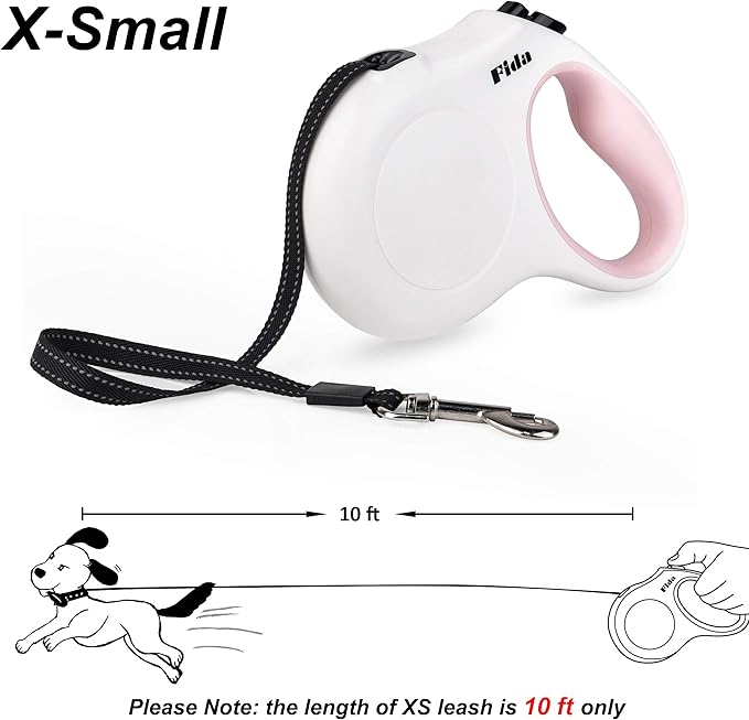 Fida Retractable Dog Leash X-Small Breed, 10 ft Durable Pet Walking Leash for Extra Small Dogs/Cats/Small Animals up to 18 lbs, 360° Tangle Free, White