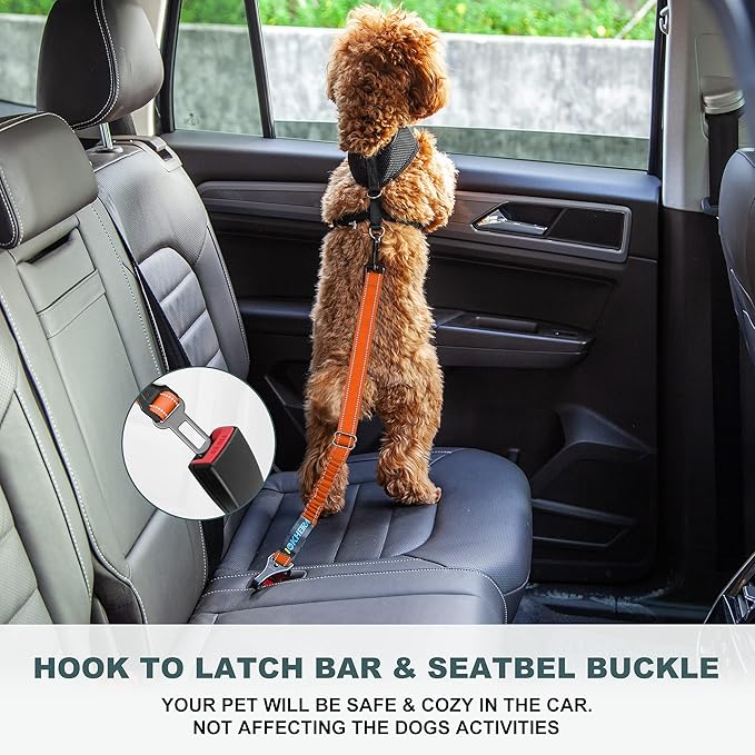 Dog Seat Belt 3-in-1 Car Harness for Dogs Adjustable Safety Seatbelt for Car Durable Nylon Reflective Bungee Fabric Tether with Clip Hook Latch & Buckle, Swivel Zinc Alloy Carabiner (Orange)