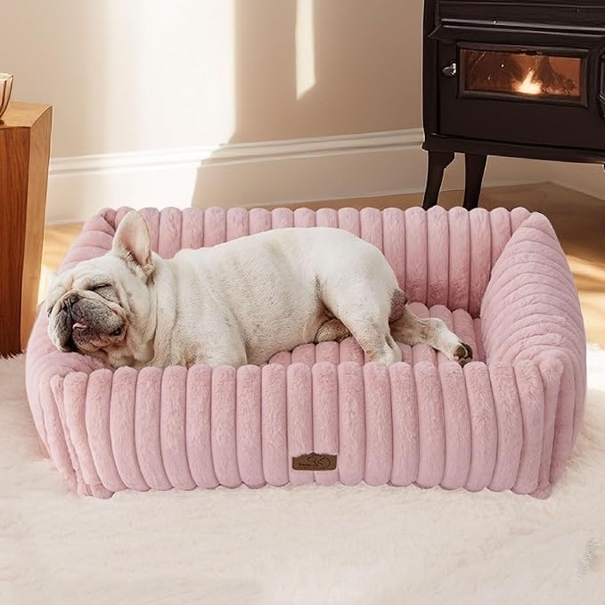 Bedsure Washable Dog Bed for Medium Dogs - Cute Furry Puppy Beds, Rectangle Orthopedic Corduroy Fleece Pet Beds with Removable Zipper Cover, 30x24x8inches, Blush Pink