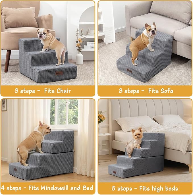 Dog Stairs for Small Dogs & Cats, 3-Step Non-Slip Pet Steps for Couch Sofa and Chair, Grey, 13.6" H