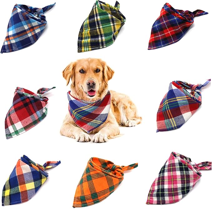 8 Pack Triangle Dog Bandanas, Reversible Plaid Painting Bibs Scarf, Washable and Adjustable Kerchief Set for Small to Large Dogs Cats Pets(Size L)