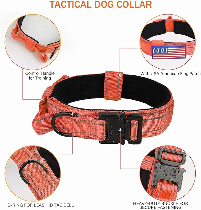 KCUCOP Tactical Dog Collar for Medium & Large Dogs - Military Nylon Heavy Duty Collar with Handle, Reflective Strip & Metal Buckle for Training, Outdoor (Orange Reflective, Medium)