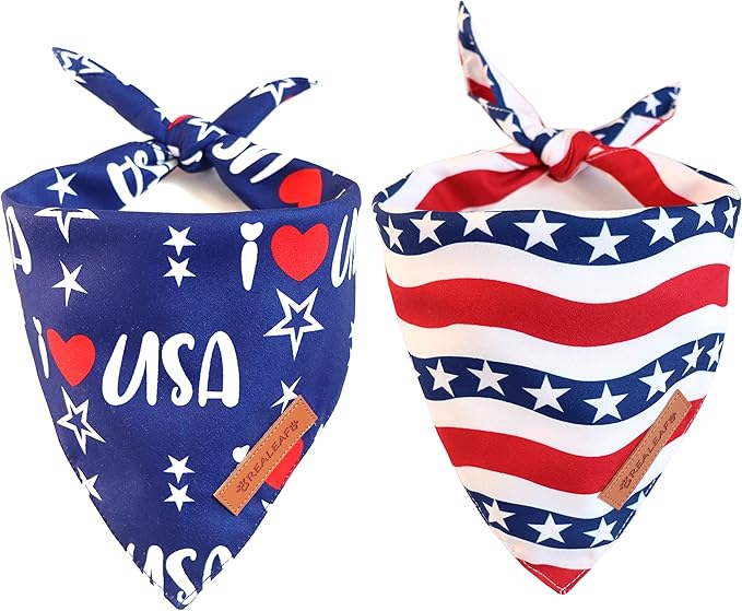 Realeaf 4th of July Dog Bandanas 2 Pack, Triangle Reversible American Flag Pet Patriotic Scarf for Boy and Girl, Premium Durable Fabric, USA Bandana for Large and Extra Large Dogs (X-Large)