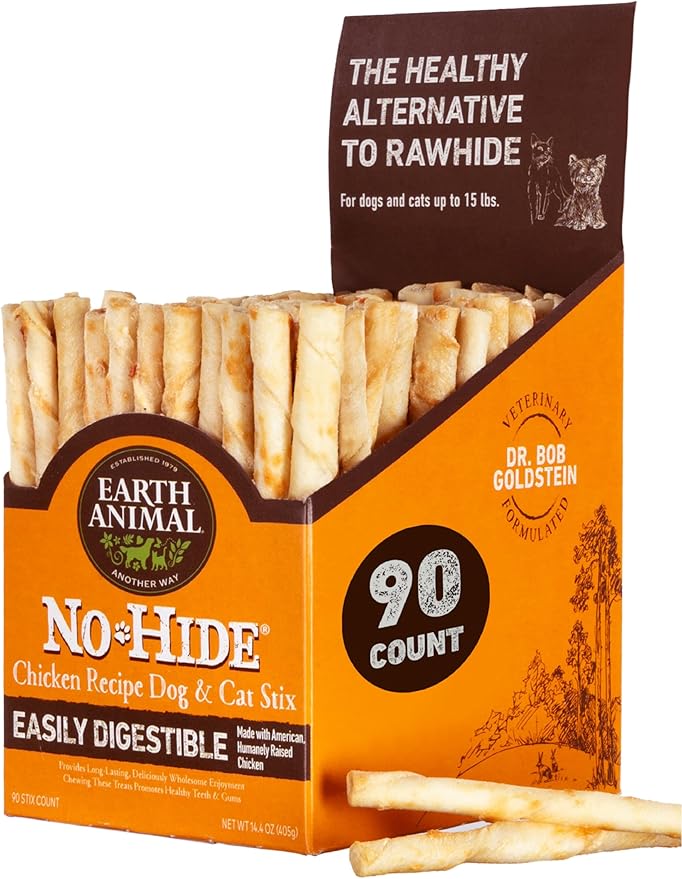 Earth Animal No Hide Stix Chicken Flavored Natural Rawhide Free Dog Chews Long Lasting Chew Sticks | Treats for Small Dogs and Cats | Great for Aggressive Chewers | 90 Count