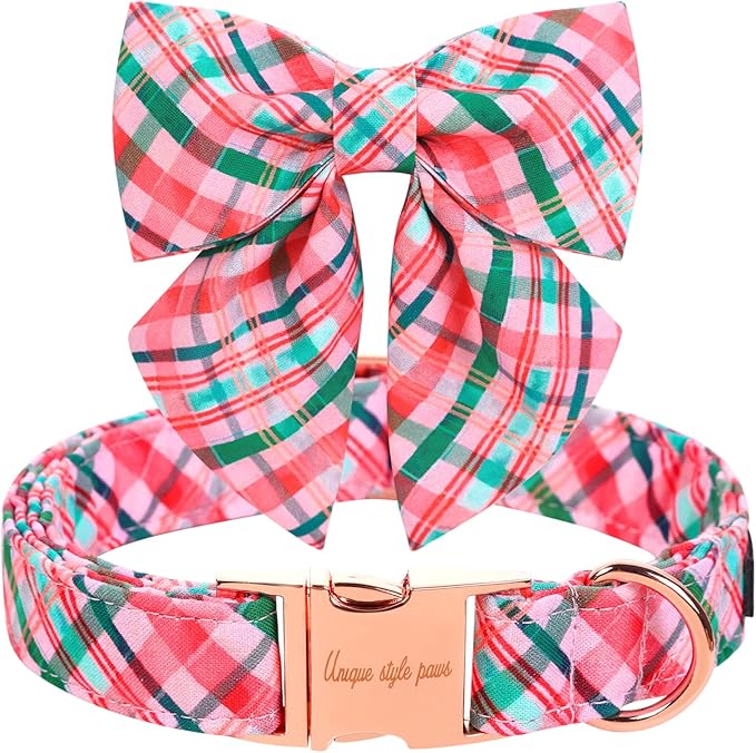 Unique style paws Dog Collar with Tie Pink & Green Plaid Dog Collar Best Gifts for Small Medium Large Dogs -M