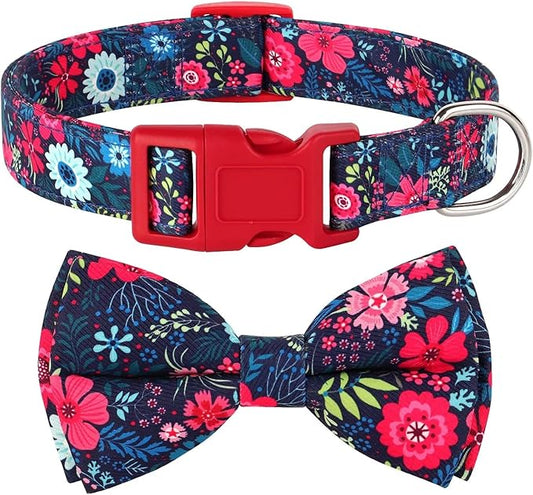 Didog Floral Dog Collar with Bow, Cute Girl Dog Collars with Detachable Bowtie, Soft & Comfy Spring Summer Dog Collar for Small Medium Large Dogs Gift Holiday, Red, M