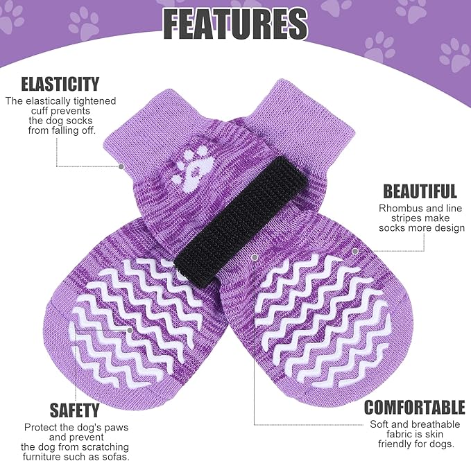 PUPTECK Non-Slip Dog Socks Double Sides Grips for Hardwood Floors Prevents Licking, Dog Shoes for Hot Pavement Traction Control Booties for Senior Dogs, Small Medium Large Dogs, Purple L