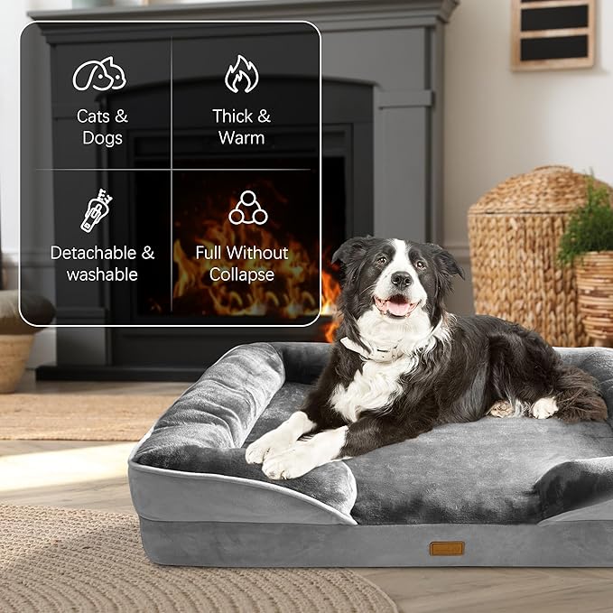 Orthopedic Dog Bed with Sides - Dog Sofa Beds for Large Dogs, Supportive Foam Pet Couch Bed with Washable Removable Cover, Waterproof Lining and Non-Slip Bottom, Grey - L-Plus