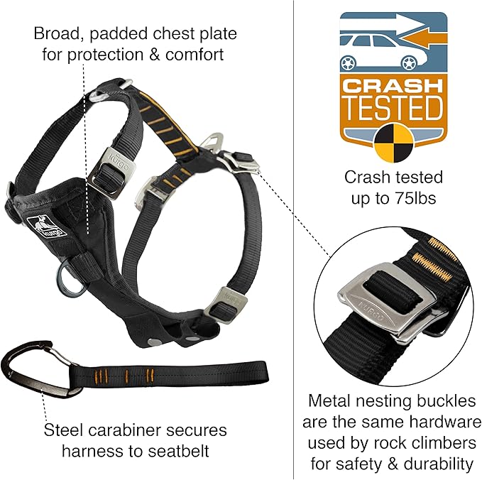 Kurgo Tru-Fit Enhanced Strength Dog Harness - Certified Crash Tested Car Safety Harness for Dogs - Metal Buckles, Padded Chest - Includes Pet Seatbelt - No Pull Training - Black, XL