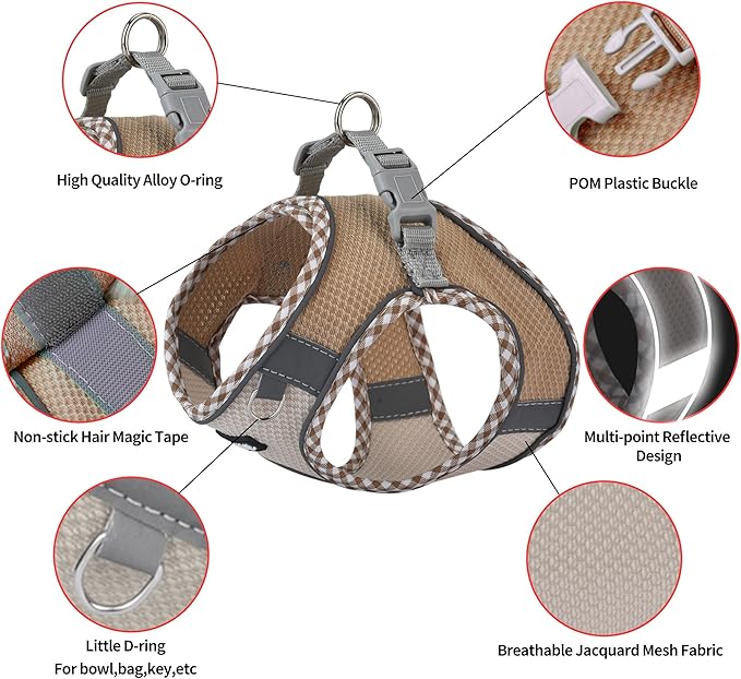 AIITLE Teacup Puppy Harness with Leash - Adjustable Soft Vest with Magic Velcro & Reflective Safety Strips, Easy-Put-On for Poodles, Pomeranians - Gym, Hiking, Travel (Brown-Beige, S)