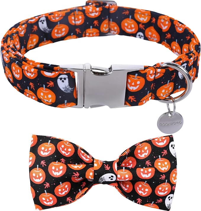 DOGWONG Fall Dog Collar with Bowtie - Black Pumpkim Dog Collar Soft Cotton Autumn Dogs Necklace- Halloween Puppy Necklace for Small Medium Large Dogs