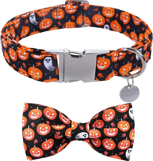 DOGWONG Fall Dog Collar with Bowtie - Black Pumpkim Dog Collar Soft Cotton Autumn Dogs Necklace- Halloween Puppy Necklace for Small Medium Large Dogs