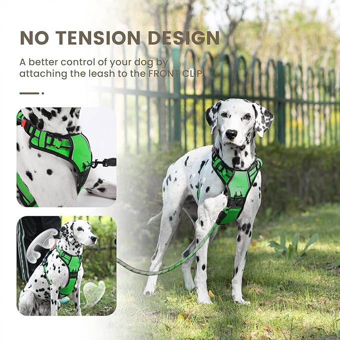 FURRYFECTION Dog Harness | No Pull Dog Harness | Reflective Oxford | Padded Handle | 4 Adjustable Straps | 2 Leash Clips | No Choke Pet Vest Harness for Small Medium Large Dogs | Green | XL
