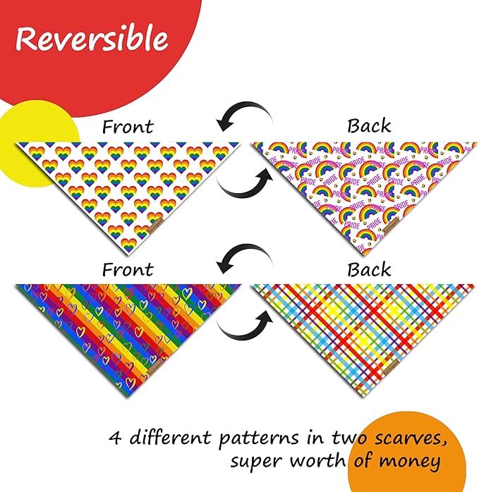 Pride Dog Bandanas 2 Pack, 4 Pattern Reversible LGBTQ+ Rainbow for Boy and Girl, Premium Long-Lasting Fabric, Summer Triangle Scarf for Small to Medium Breed Dogs (Small)