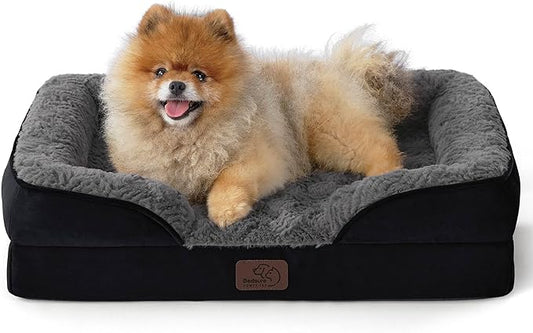 Bedsure Small Orthopedic Dog Bed - Calming Dog Sofa for Small Dogs with Luxurious Short Plush, Pet Couch Bed with Removable Washable Cover, Waterproof Lining and Nonskid Bottom, Black