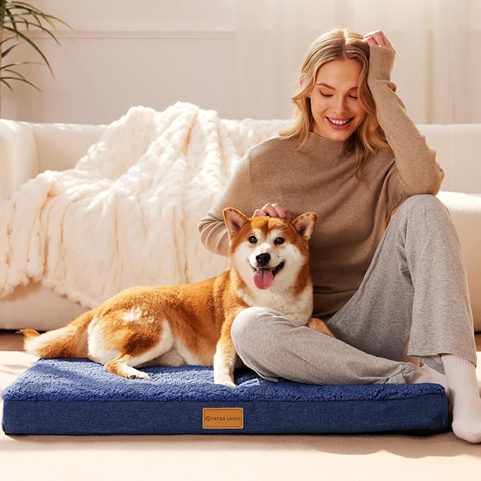 Patas Lague Orthopedic Dog Bed for Small Dogs, Soft Comfortable Waterproof Egg Crate Foam Small Pet Beds Mat with Removable Washable Cover, 20''X15'' Navy Blue