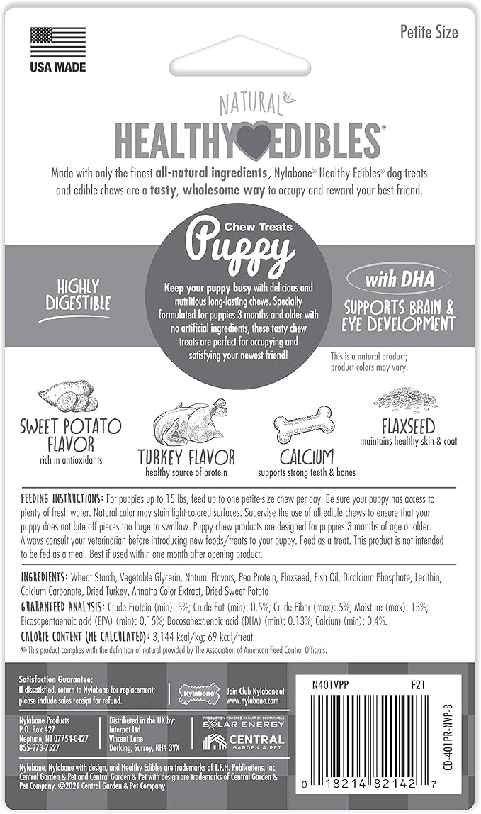 Nylabone Healthy Edibles Natural Puppy Chews Long Lasting Treats for Puppies, Turkey & Sweet Potato Flavor, X-Small/Petite (4 Count)