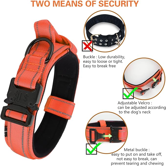 KCUCOP Tactical Dog Collar for Medium & Large Dogs - Military Nylon Heavy Duty Collar with Handle, Reflective Strip & Metal Buckle for Training, Outdoor (Orange Reflective, XLarge)