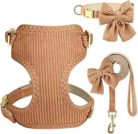 Didog Cute Small Dog Harness Collar & Leash Set, Adjustable Dog Collars and Leashes with Bowtie, Breathable Soft Mesh Padded Dog Vest for Puppies Small Dogs Walking, Brown, S