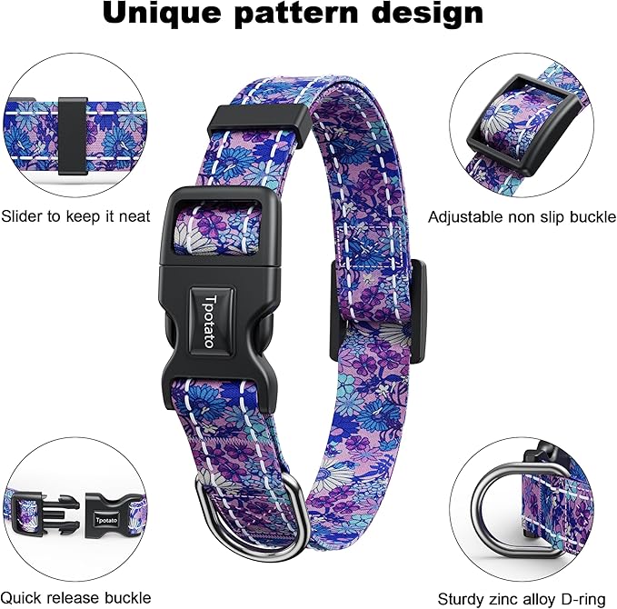 Tpotato Reflective Combination Pattern Girl Dog Collar for Puppy Small Medium Large Breed Dogs,Female Cute Floral Designer Dog Collars,Adjustable Soft Nylon Pet Collar,Quick Release Dog Collar XS