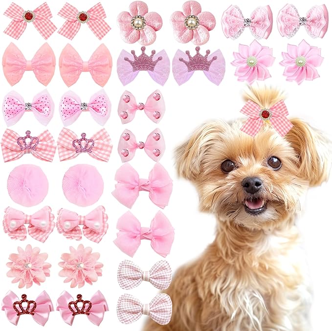 30pcs Handmade Dog Hair Bows Cute Rubber Band Bowknots for Small Big Dogs, Yorkie Puppy Dog Girl Hair Accessories Gift (30pcs Pink) ﻿