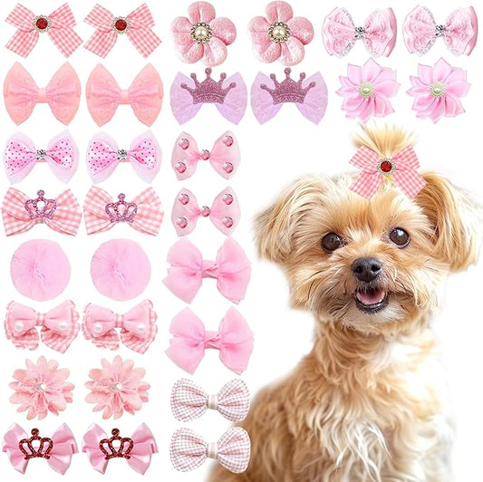 30pcs Handmade Dog Hair Bows Cute Rubber Band Bowknots for Small Big Dogs, Yorkie Puppy Dog Girl Hair Accessories Gift (30pcs Pink) ﻿
