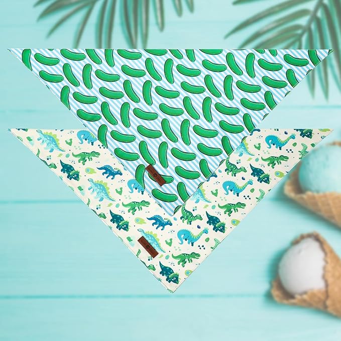Lionet Paws Summer 2pcs Dog Bandanas, Dinosaur Dog Scarf Bib Premium Fabric, Cucumbers Blue Bandanas for Small Dogs Pets