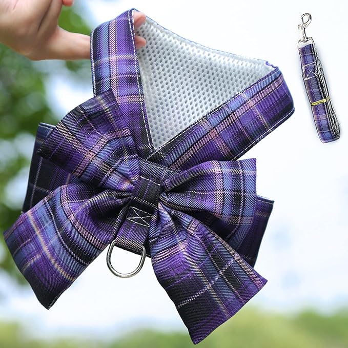 Dog Harness and Leash Set, Cute Bow Tie Plaid Harnesses for Puppy Cat, Adjustable Pet Kitties Vest, Breathable Harness Traction Rope for Boy Girl Small Animal(Harness Purple,XS for 1.1-3.3lbs Dog)
