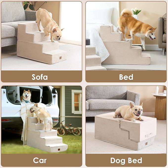 EHEYCIGA Dog Stairs for Bed 18”H, 4-Step Dog Steps for High Bed, Pet Steps for Small Dogs and Cats, Non-Slip Balanced Pet Ramp Indoor, Beige