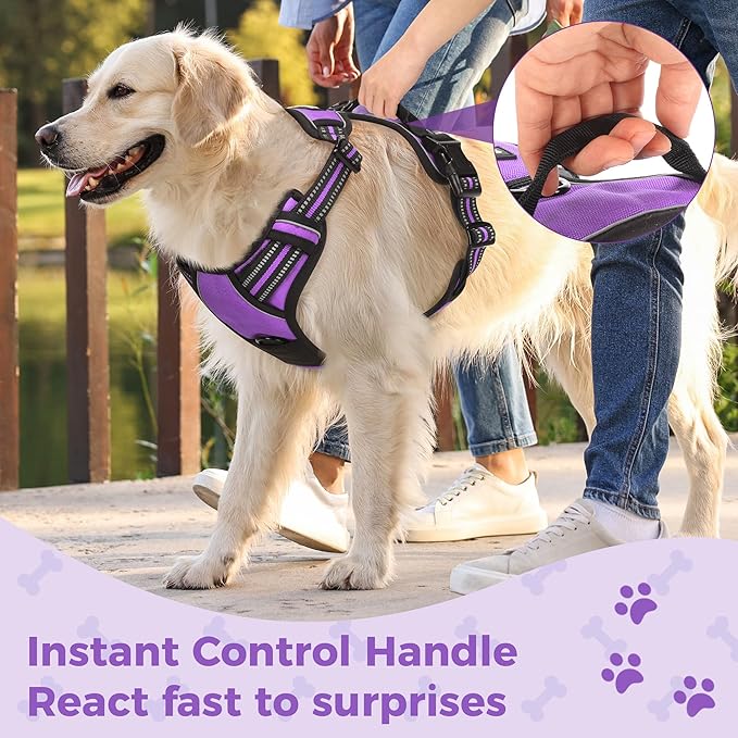 Funfox Dog Harness No Pull, Adjustable Pet Vest Harness Purple L with Handle, 2 Leash Clips for Daily Walking Easy Control, Soft Durable Reflective Comfortable for Large Breed Dogs