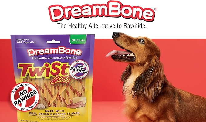 Dreambone Twist Sticks with Real Bacon and Cheese Flavor 50 Count, Rawhide-Free Chews for Dogs (3 Pack)